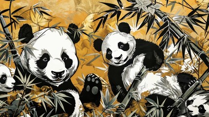 Naklejka premium Illustration of playful pandas surrounded by bamboo in a golden background, capturing the serene nature and beauty of wildlife.