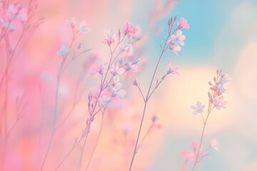 Soft pastel flowers blooming in a serene garden at dawn