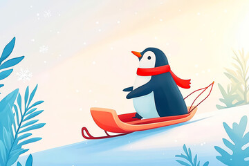 A cheerful penguin enjoys a snowy ride on a sled, surrounded by winter scenery and falling snowflakes.