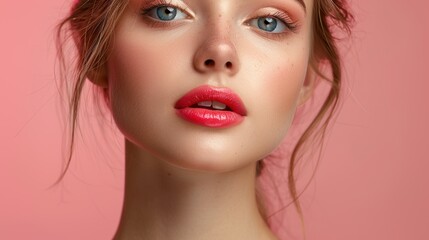 Fototapeta premium Close-up portrait of a young woman with soft makeup and natural hair against a pink background