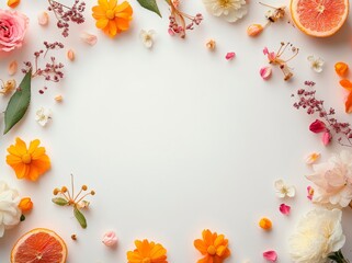 Obraz premium Invitation Design Frame with Citrus Halves and White-Orange Flowers on White Background
