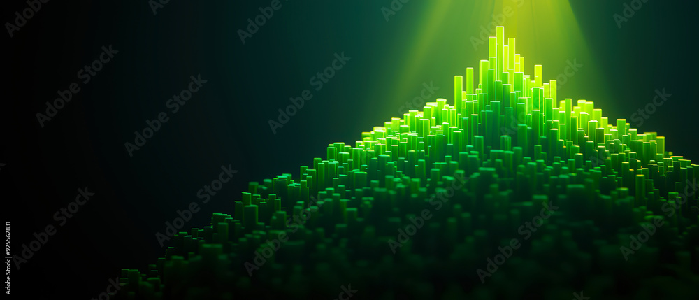 Poster a mesmerizing abstract landscape featuring vibrant green structures illuminated by light, creating a