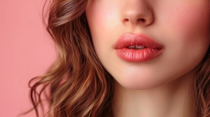 Fototapeta premium Close-up of a woman's lips with natural makeup against a soft pink background