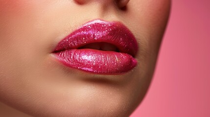 Obraz premium Close-up of a woman's lips adorned with sparkling pink lip gloss against a soft pink background
