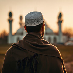 muslim man walking to mosque, muslim prayer, wearing abaya