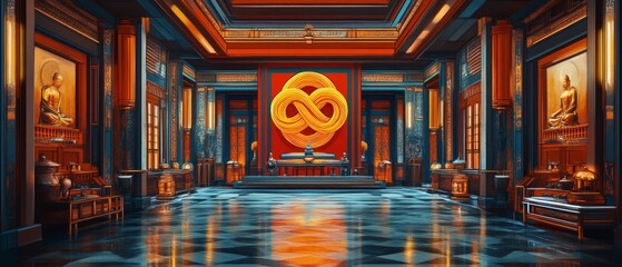 Naklejka premium Endless Knot Temple Tapestry Buddhism Religion Spiritual Symbol