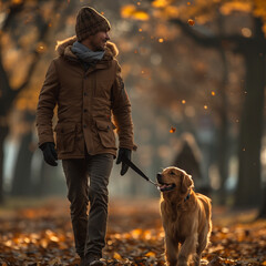 A man with his pet in the park walking happily,  a person walking down a forest path with their dog on a leash. The scene is set in a misty, dense forest, with tall trees on either side of the path. 
