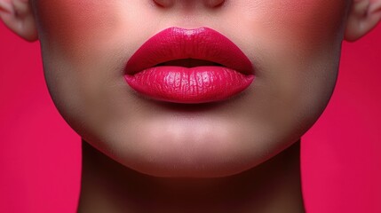 Fototapeta premium Close-up of a woman's lips adorned with bright red lipstick against a vibrant pink background during a beauty shoot