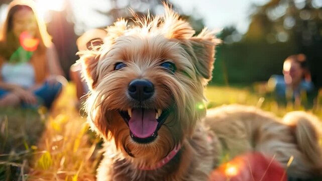 happy Havanese dog with family go camping outdoor park together , happy summer traveling and holiday with pet companion concept	
