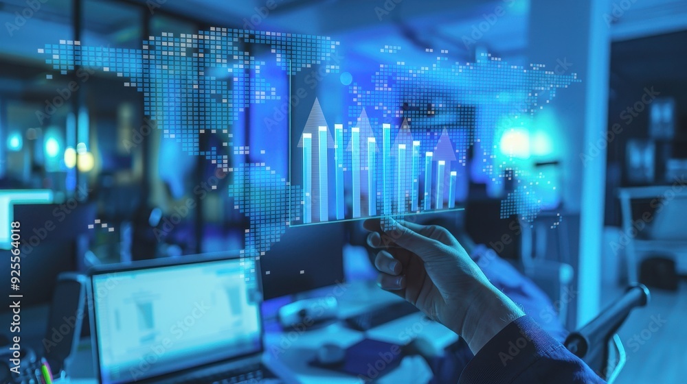 Aufkleber a professional analyzing data trends with digital graphs in a modern office setting, showcasing tech
