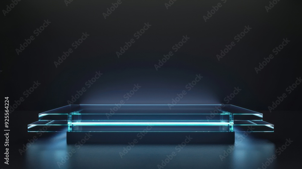 Poster empty glowing podium illuminated by blue light in a dark studio. futuristic display platform for pro