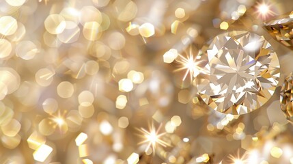 Close-up of sparkling diamond with golden bokeh background, perfect for luxury, elegance, and jewelry concepts.