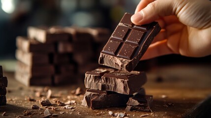 A hand gently picks up a bar of dark chocolate surrounded by broken pieces, evoking warmth and indulgence in a cozy atmosphere