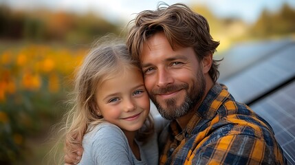 Fototapeta premium Father with girl on roof with solar panels, hugging. Rooftop solar or photovoltaic system. Sustainable future for next generation. 