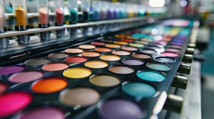 Obraz premium A close-up of a vibrant makeup eyeshadow palette in a factory setting, showcasing a variety of colorful shades and hues.