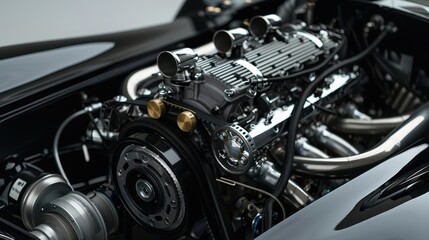 Close-up view of a high-performance engine, showcasing intricate details and metallic components in a modern vehicle.