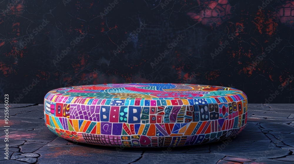 Poster colorful mosaic bench with geometric patterns on a dark textured background, perfect for urban and a