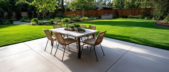 Obraz premium Sunny Backyard Gathering Outdoor table with chairs on a patio, lush green garden, Relaxing Home Environment.