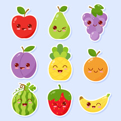 A set of fruit stickers with kawaii eyes in a flat style.