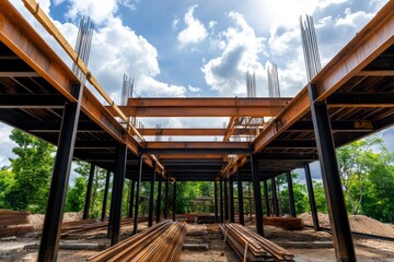 Steel Structure, Building under construction with metal framework, Industrial Progress.