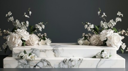 Elegant white marble platforms adorned with beautiful white flowers and greenery against a dark background. Perfect for decor or wedding themes.