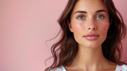 Fototapeta premium Young woman with natural beauty poses against a pastel pink background in soft lighting