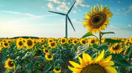 Vibrant sunflower field with a wind turbine in the background, showcasing renewable energy and natural beauty under a clear blue sky.