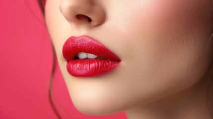 Naklejka premium Close-up of a model's lips with vibrant red lipstick against a pink background