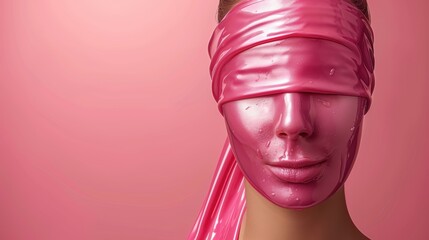 Model with pink mask and blindfold against a pink background in a beauty-focused portrait