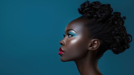 Fototapeta premium Portrait of a woman with striking makeup and elegant hairstyle against a blue background