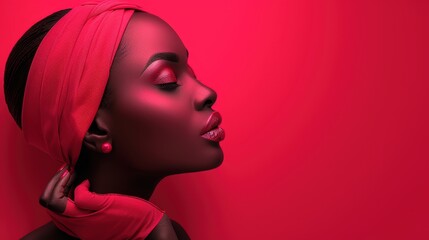 Fototapeta premium Elegant woman with a red headscarf posing against a vibrant red background in a studio setting