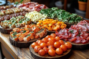 Fototapeta premium mouthwatering display of colorful basque pinchos and tapas artfully arranged on rustic wooden boards showcasing the rich culinary traditions of san sebastian spain