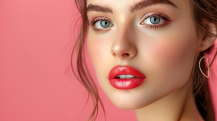 Young woman with vibrant red lips and blue eyes poses against a pink background