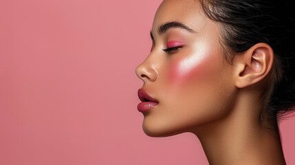 Naklejka premium Young woman with radiant pink makeup poses against a soft pink backdrop during a beauty shoot