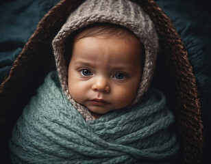 Baby Wearing Yarn Cap and Wrapped in Knitted Blanket