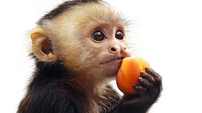 Close-up of a young female capuchin monkey holding and nibbling on a peach, with detailed fur and expressive eyes, isolated against a clean white background