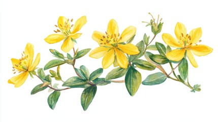 Watercolor illustration of St. John's Wort with yellow flowers and green leaves on a white background