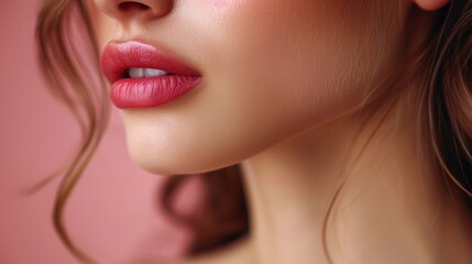 Close-up of a woman's lips and chin against a soft pink background, showcasing a natural makeup look