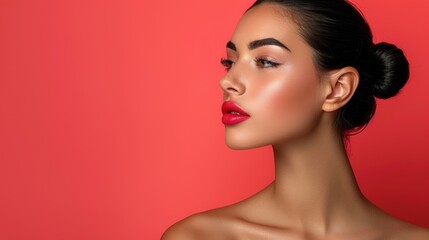 Fototapeta premium Model showcasing vibrant makeup against a bright coral background during a fashion shoot