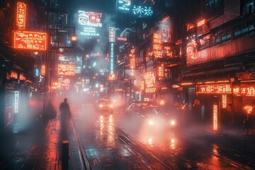 neonlit cyberpunk alley futuristic urban decay holographic advertisements steam rising from vents shadowy figures rainslicked streets