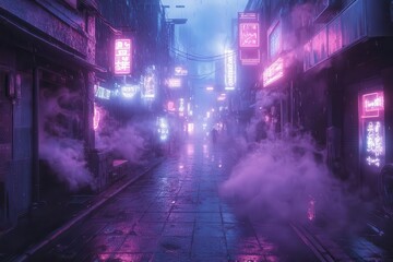 neonlit cyberpunk alley futuristic urban decay holographic advertisements steam rising from vents shadowy figures rainslicked streets