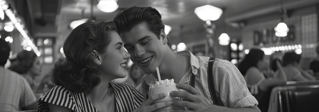 Romantic 1950s couple sharing a milkshake in a retro diner, captured in nostalgic black and white
