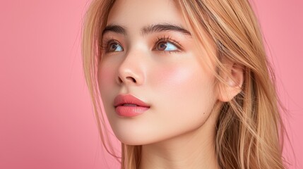 Naklejka premium Young woman with blonde hair poses against a pink background, showcasing natural beauty and soft makeup