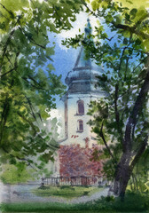 Watercolor illustration of landscape of old town with Rathaus Tower in Vyborg.