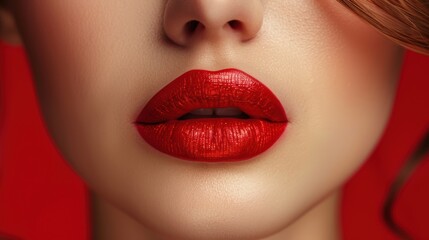 Obraz premium Close-up of a woman’s lips adorned with bright red lipstick against a bold red background