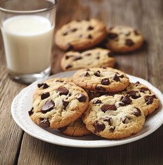 plate of cookies on a wooden table with a glass of milk