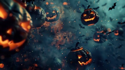 Spooky Halloween pumpkins hover in a dark, misty atmosphere at night