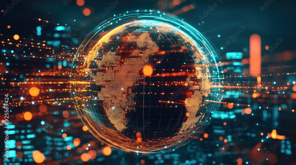 Poster a 3d rendering of a digital globe with glowing lines representing global network traffic.