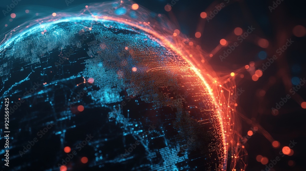Poster a 3d rendering of a digital globe with glowing lines representing global network traffic.