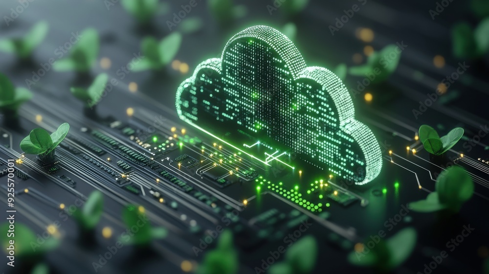 Poster a 3d rendering of a cloud server icon with green energy connections, symbolizing the integration of 